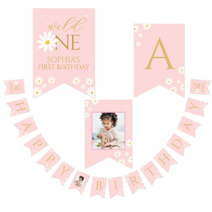 Bandeirinha Feliz Aniversário Crianças boho margarida Rosa Fof