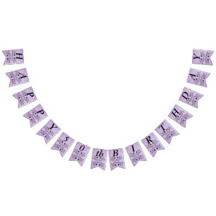 Bandeirinha Feliz Aniversário das Flores Negras Elegantes Roxo