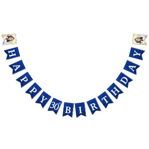 Bandeirinha Feliz Aniversário de 30 anos Foto Brilho Azul