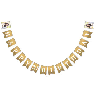 Bandeirinha Feliz aniversário de 30 anos Foto Dourada Glitter
