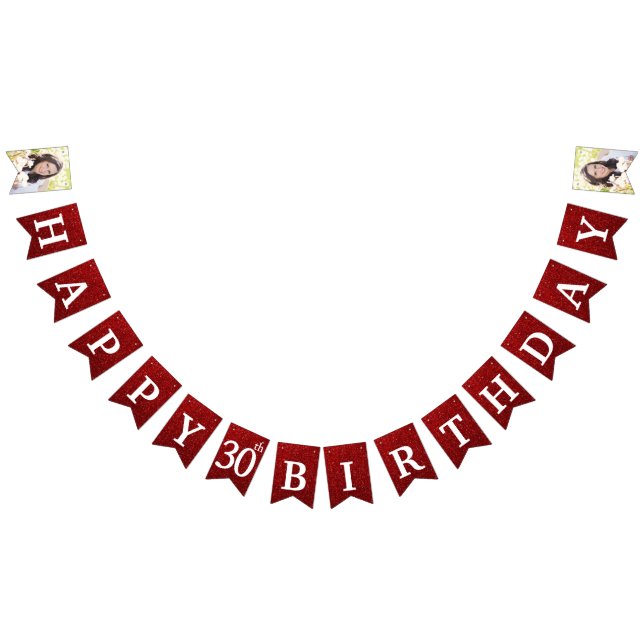 Bandeirinha Feliz aniversário de 30 anos Foto Vermelha Glitter (Todos)