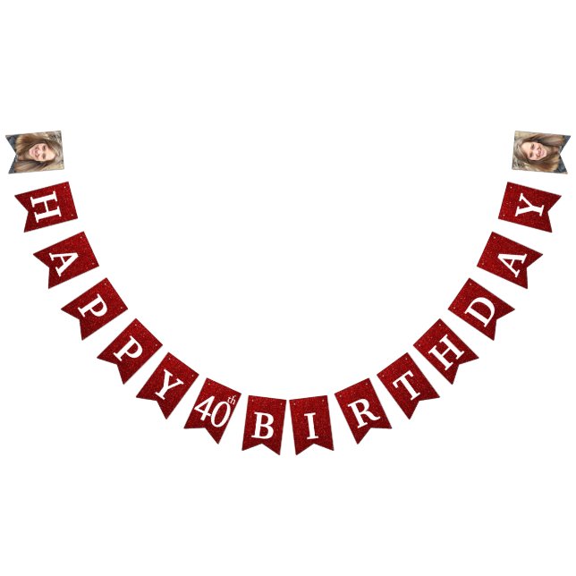 Bandeirinha Feliz aniversário de 40 anos Foto Vermelha Glitter (Todos)