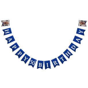 Bandeirinha Feliz Aniversário de 50 anos Foto Brilho Azul