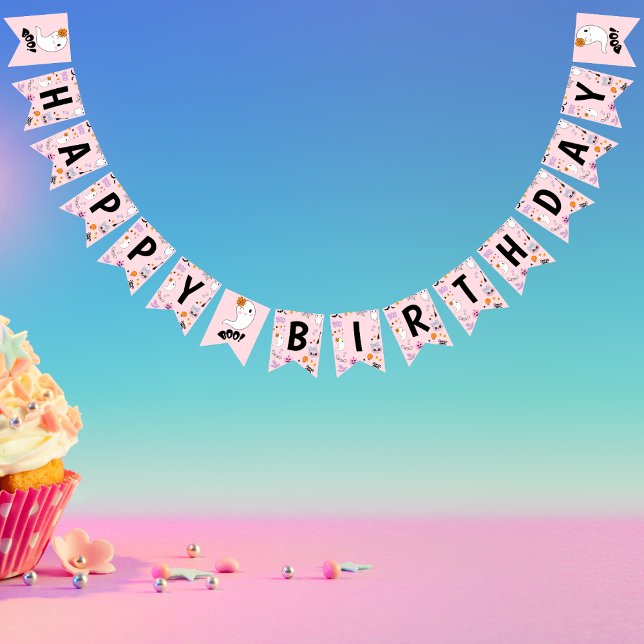 Bandeirinha Feliz Aniversário de Feliz Dia das Bruxas, Rosa e  (Pink Spooky One Cute Ghost Halloween Happy Birthday Bunting Flags  )