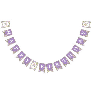 Bandeirinha Feliz Aniversário do Dourado Unicórnio Purple Fl