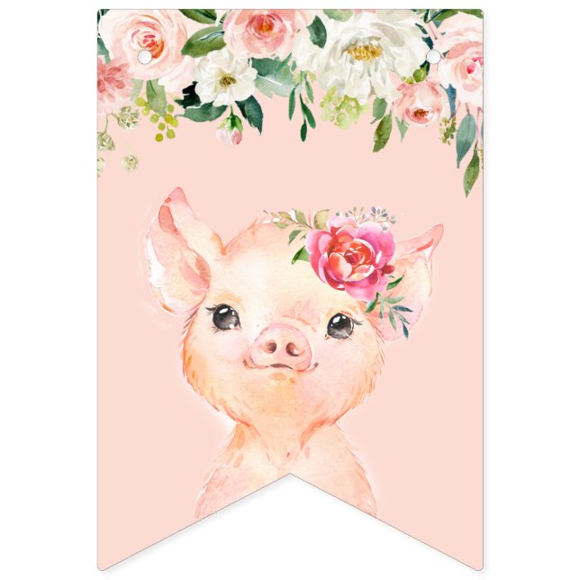 Bandeirinha Feliz Aniversário do Porco Bonito com Flores Rosa  (Primeira Bandeira)