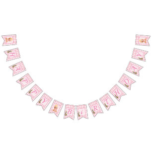 Bandeirinha Feliz Aniversário do Urso Rosa Gingham