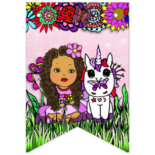 Bandeirinha Feliz Aniversário Fada Unicórnio Rosa e Roxo