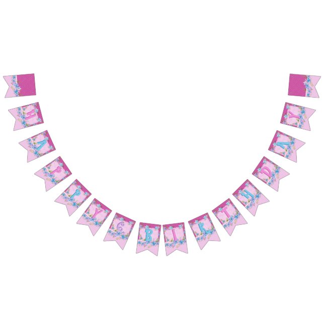 Bandeirinha Feliz aniversário Festa de Bolinhas Púrpuras, Rosa (Todos)