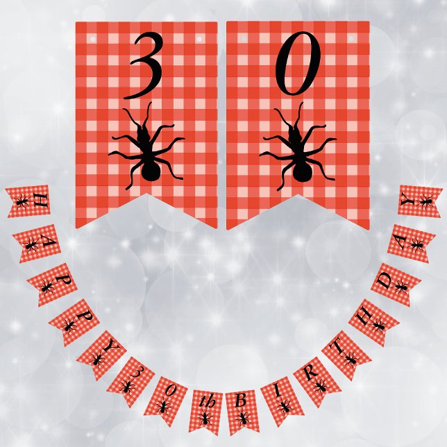 Bandeirinha Feliz Aniversário Grande Branca Negra Vermelha Bra (Big Black creepy ants on red white picnic tablecloth plaid pattern on Happy Birthday flag banner.)