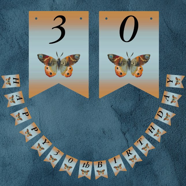 Bandeirinha Feliz Aniversário Monarca Borboleta Blues Laranjas (Monarch butterflies in oranges and blues on Happy Birthday bunting flag party banner.)
