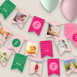 Bandeirinha Feliz aniversário para você qualquer foto rosa de<br><div class="desc">Banner de aniversário feliz com 8 de suas fotos favoritas,  feliz aniversário personalizado para você,  música e bandeiras personalizadas com sua idade. O design tem uma paleta colorida de cinza arrojada,  rosa e verde.</div>