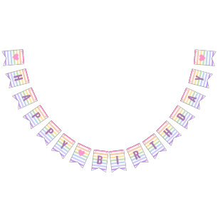 Bandeirinha Feliz Aniversário Pastel Rainbow White Stripes