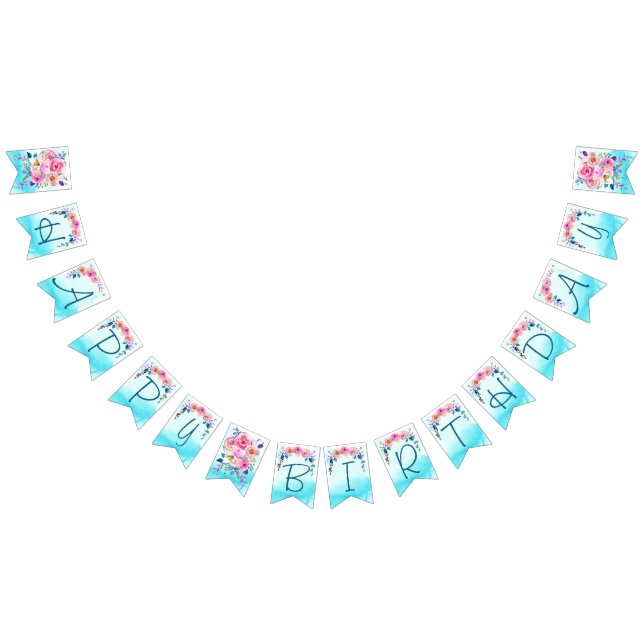 Bandeirinha Feliz Aniversário Pink Azul Turquesa Floral (Todos)