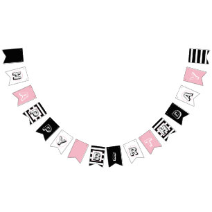 Bandeirinha Feliz Aniversário Rosa Preto e Branco