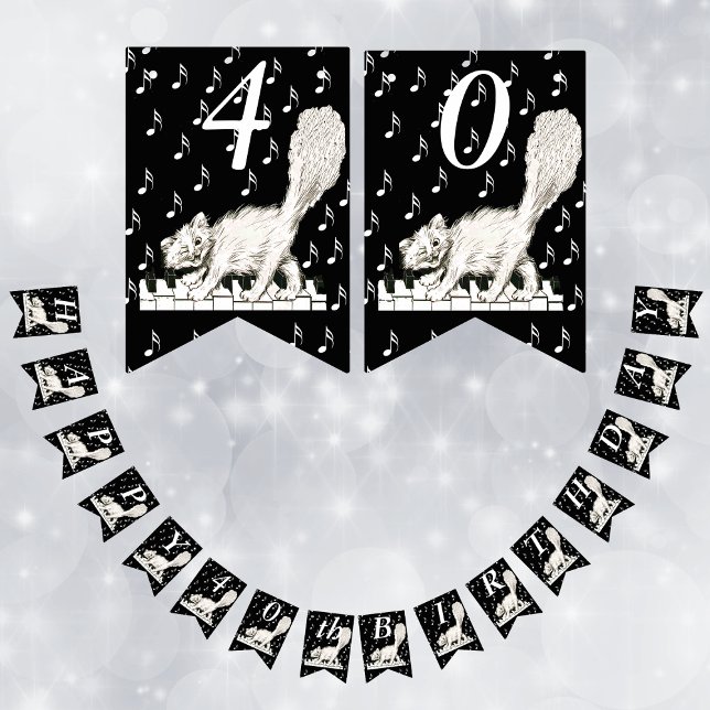 Bandeirinha Feliz Aniversário White Cat em Piano Keys Music No (Winking white cat on piano keys music note on black flag Happy Birthday banner.)