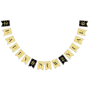Bandeirinha Feliz ano novo do art. 2026, Black Faux Dourado