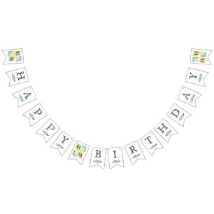 Bandeirinha Feliz Ave de Aniversário, flores amarelas florais 