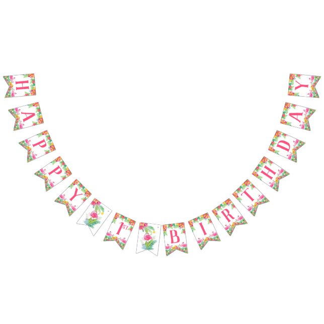 Bandeirinha Feliz Banner de Primeiro Aniversário, Flamingos (Todos)
