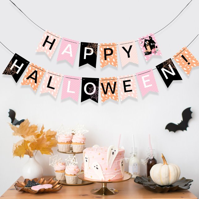 Bandeirinha Feliz Dia das Bruxas Rosa Laranja Negro Assombrado (Happy Halloween Pink Orange Black Haunted House Bunting Flags)