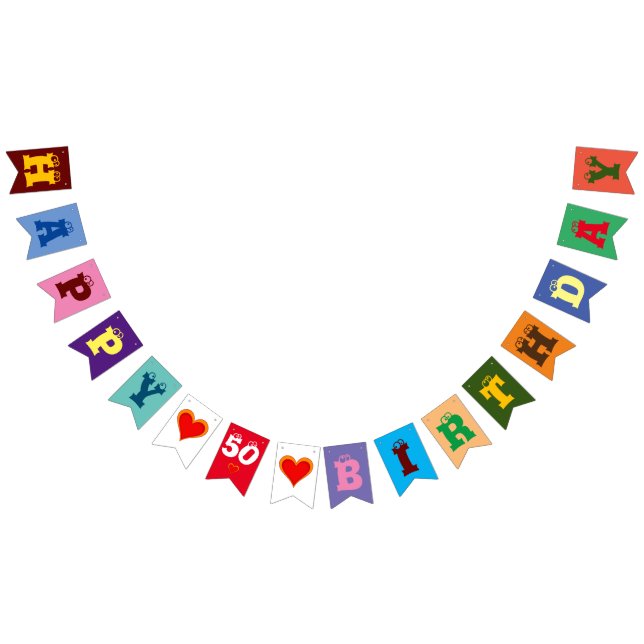 Bandeirinha FELIZ personalizado CORAÇÕES DE ANIVERSÁRIO + idad (Todos)