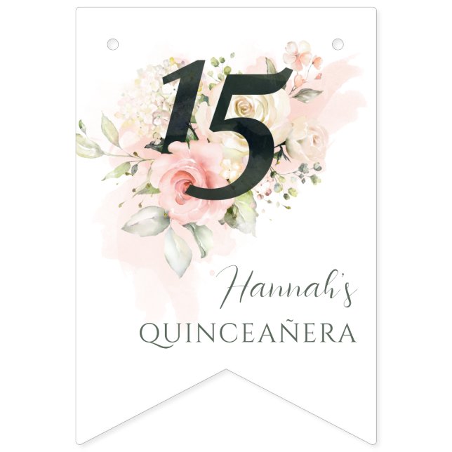 Bandeirinha Festa de aniversário de Quinceanera Floral Rosa (Primeira Bandeira)