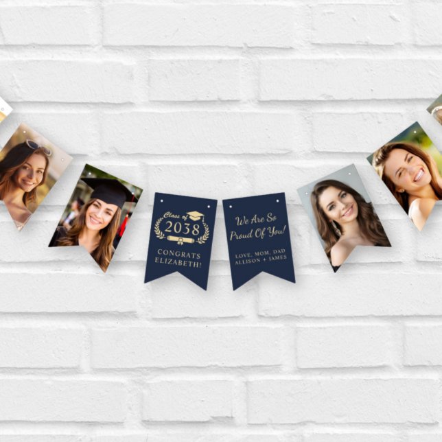 Bandeirinha Festa de Formatura Foto Azul Dourado (Graduation Party Blue Gold Photo Bunting Flags)