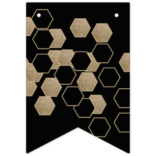 Bandeirinha festa moderna geométrica de hexágono preto e doura
