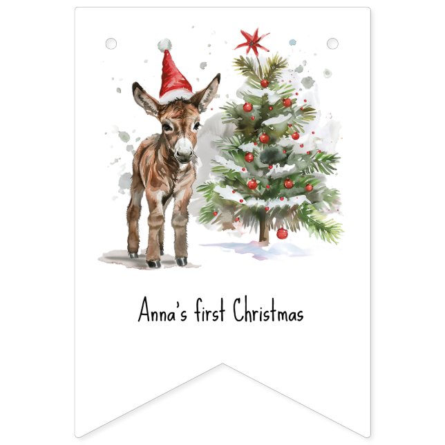 Bandeirinha fofo burro e árvore de natal, personalizável (Primeira Bandeira)