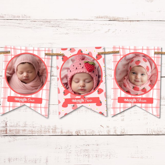 Bandeirinha Foto do primeiro primeiro aniversario cor-de-rosa  (Custom Cute Berry First 1st Birthday Pink 12 Photo Bunting Flags)