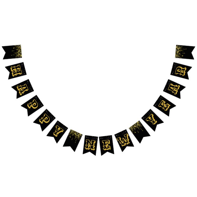 Bandeirinha Fundo preto com Feliz ano novo de ouro estrelado (Todos)