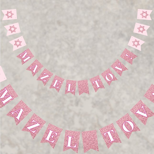 Bandeirinha Glam Pink Sparkle Girl Mazel Tov Bat Mitzvah (This pink faux glitter MAZEL TOV! bunting flag drape is great for your Bat Mitzvah party)