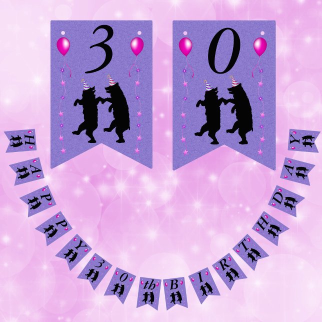 Bandeirinha Happy Birthday Dancing Bears Balloons Stars Purple (Dancing black bears pink stars balloons party hats on purple Happy Birthday flag banner for parties.)