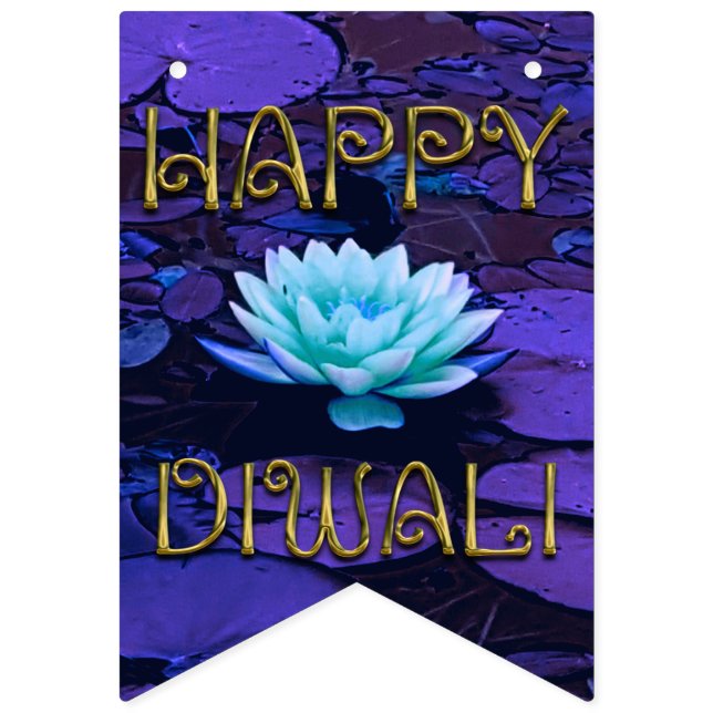 Bandeirinha Happy Diwali Typografia Purple Floral Lotus Flower (Primeira Bandeira)