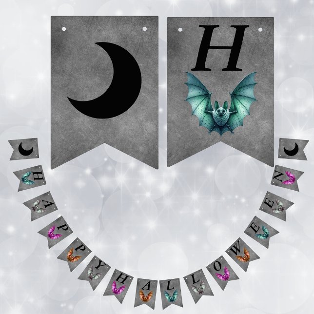 Bandeirinha Happy Halloween Colourful Flying Bats Dark Grey (Flying Gothic bats in various vibrant colours on grey Happy Halloween flag banner decoration.)