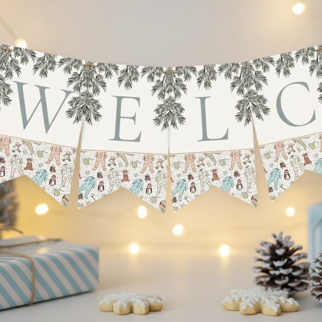 Bandeirinha Ivory Welcome Baby Winter Chá de fraldas (Winter Christmas Baby Shower Bunting Flags. Cute Baby Pajamas, Penguin, Teddy Bear, Reindeer & Pine)