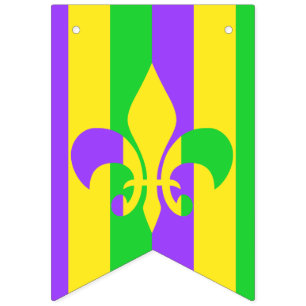 Bandeirinha Mardi Gras Verde Amarelo Púrpura Fleur-de-Lis