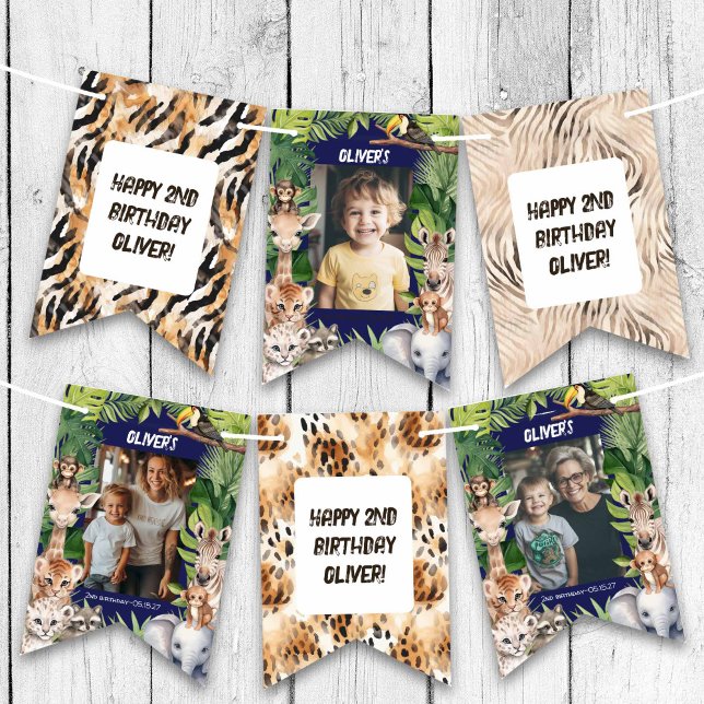 Bandeirinha Marinho Blue Boy Safari Foto da Selva Safari Anive (Navy Blue Safari Animals Themed Any Age BIrthday Photo Bunting flags.)
