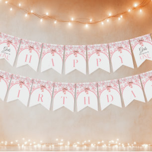 Bandeirinha Menina Toile de Jouy com Laço Rosa Primeiro 1º Ani