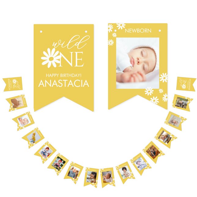 Bandeirinha Milestone 1st Birthday Photo White Daisy (Criador carregado)