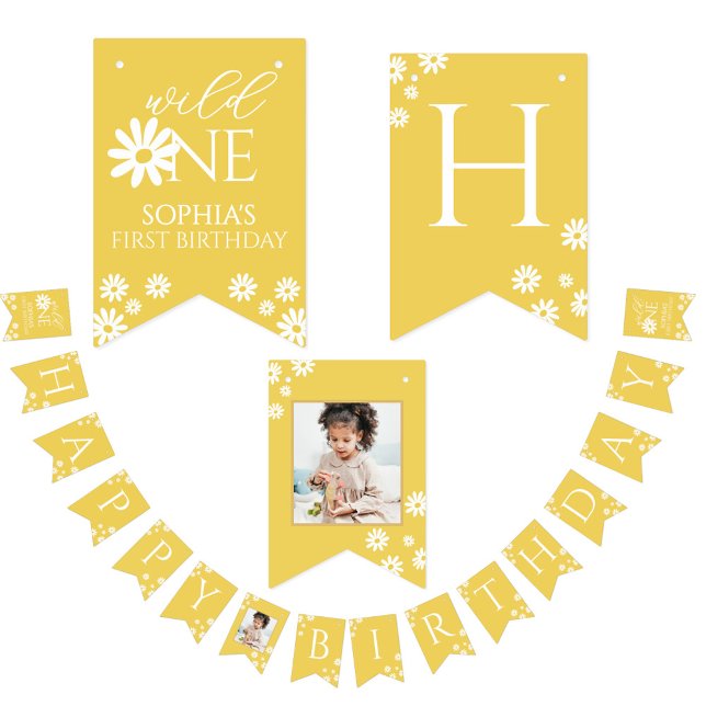 Bandeirinha Milestone 1st Birthday Photo White Daisy Bunting (Criador carregado)