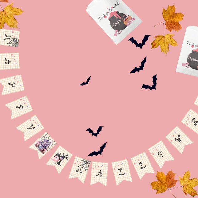 Bandeirinha Mínimo cor-de-rosa amarelo fofinho (clean and cute spooky halloween banner)