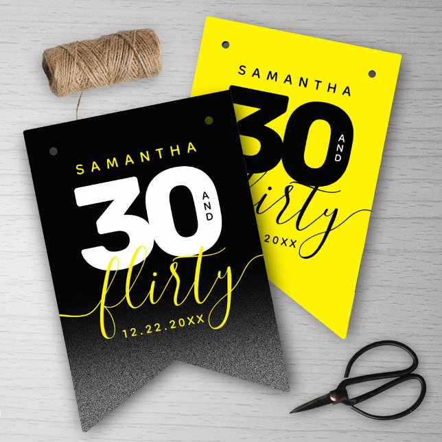 Bandeirinha Modern Girly Bright Yellow 30 e Flirty (Girly Bright Yellow 30 and Flirty Her 30th Birthday Bunting Flags Cover Photo.)