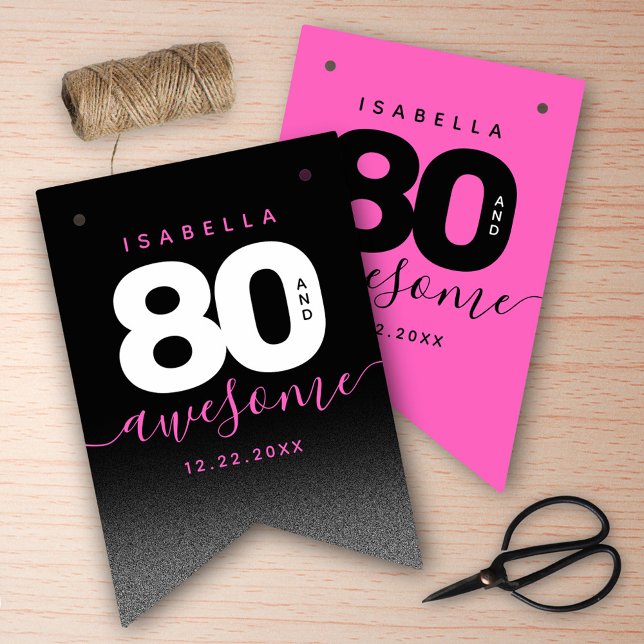 Bandeirinha Modern Girly Pink 80 e Incrível (Girly Pink 80 and Awesome Her 80th Birthday Bunting Flags Cover Photo.)