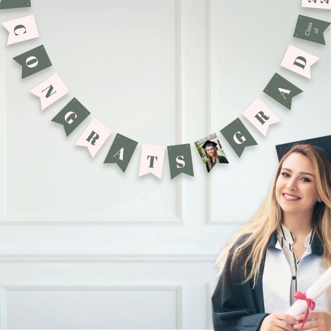 Bandeirinha Modern Sage Green Blush Pink Graduation Photo (Sage green and blush pink graduation party bunting with 'Congrats Grad' message and custom photo)