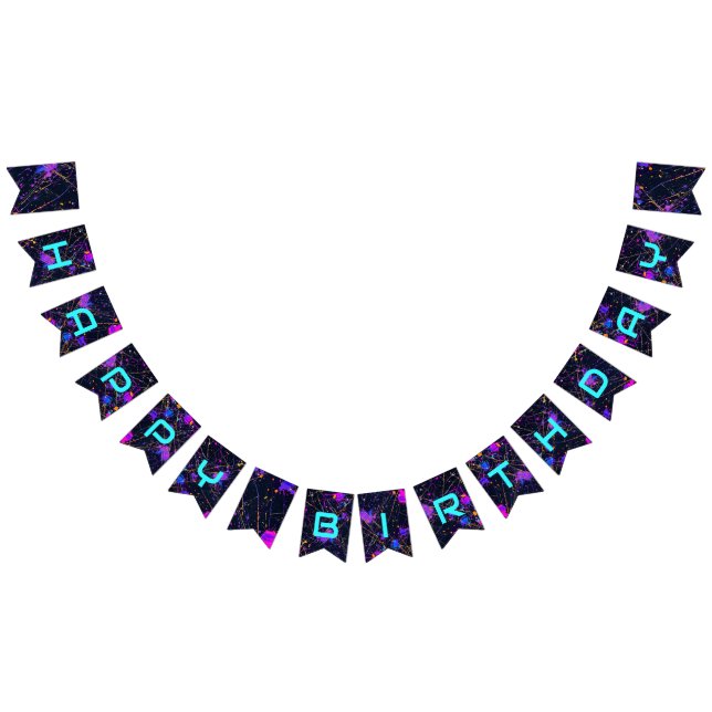 Bandeirinha Neon Paint Splatter Feliz Aniversário (Todos)