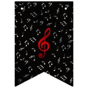 Bandeirinha notas de música vermelha e preto prateado