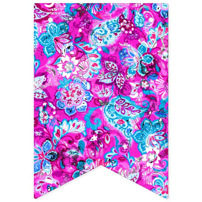 Bandeirinha Padrões de flores rosas, azuis e brancas (Primeira Bandeira)