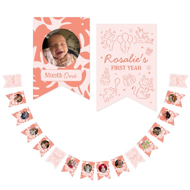 Bandeirinha Party Animals Girl's First Birthday Photo Collage (Jungle Party Animals First Year Photo Collage Banner)
