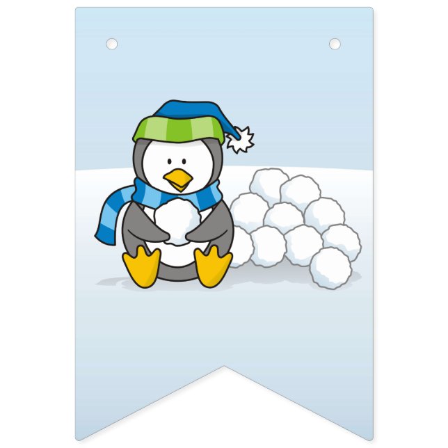 Bandeirinha Pequeno pinguim sentado com bolas de neve (Quarta Bandeira)